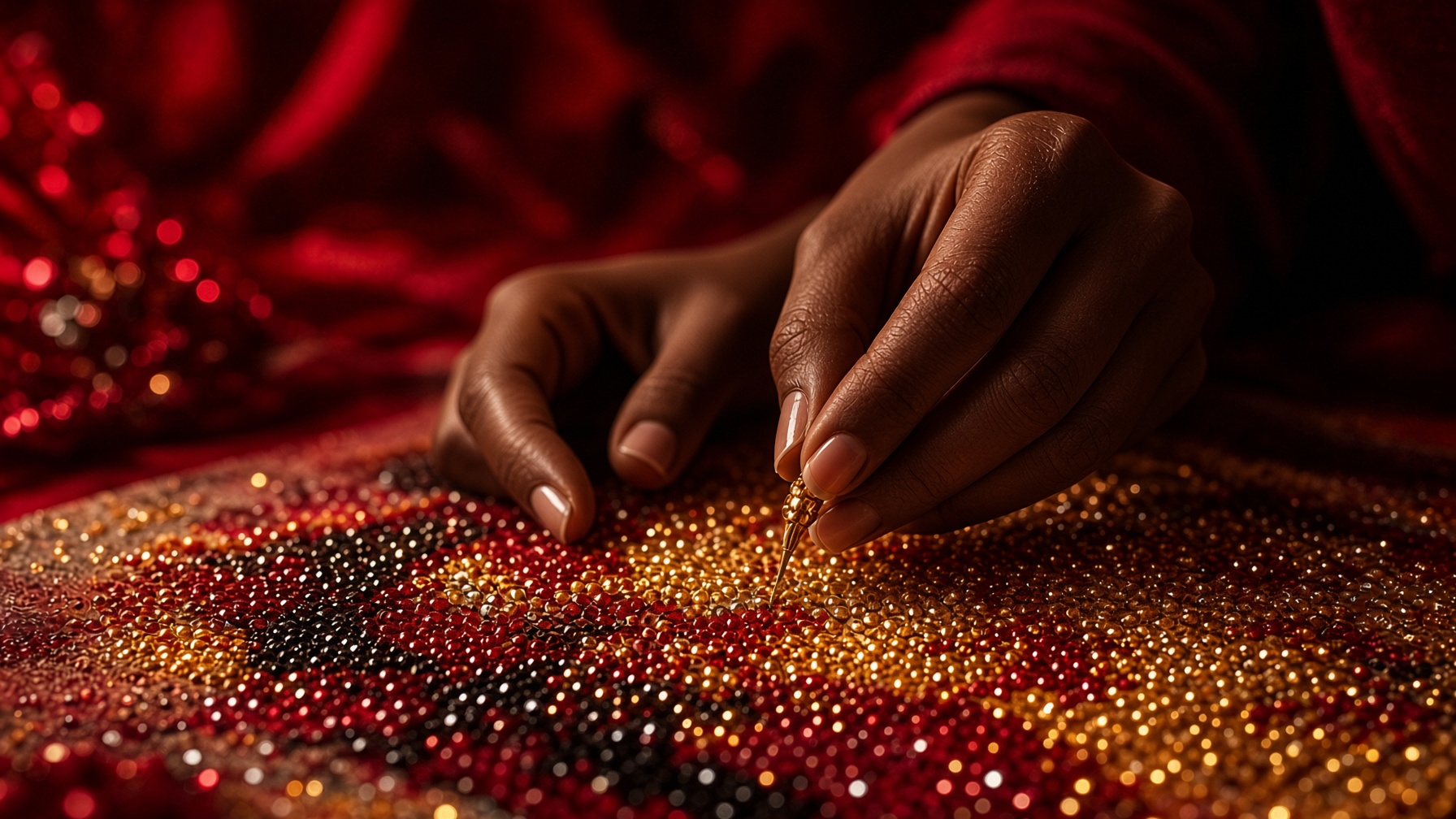 Black woman's hands placing diamond painting drills